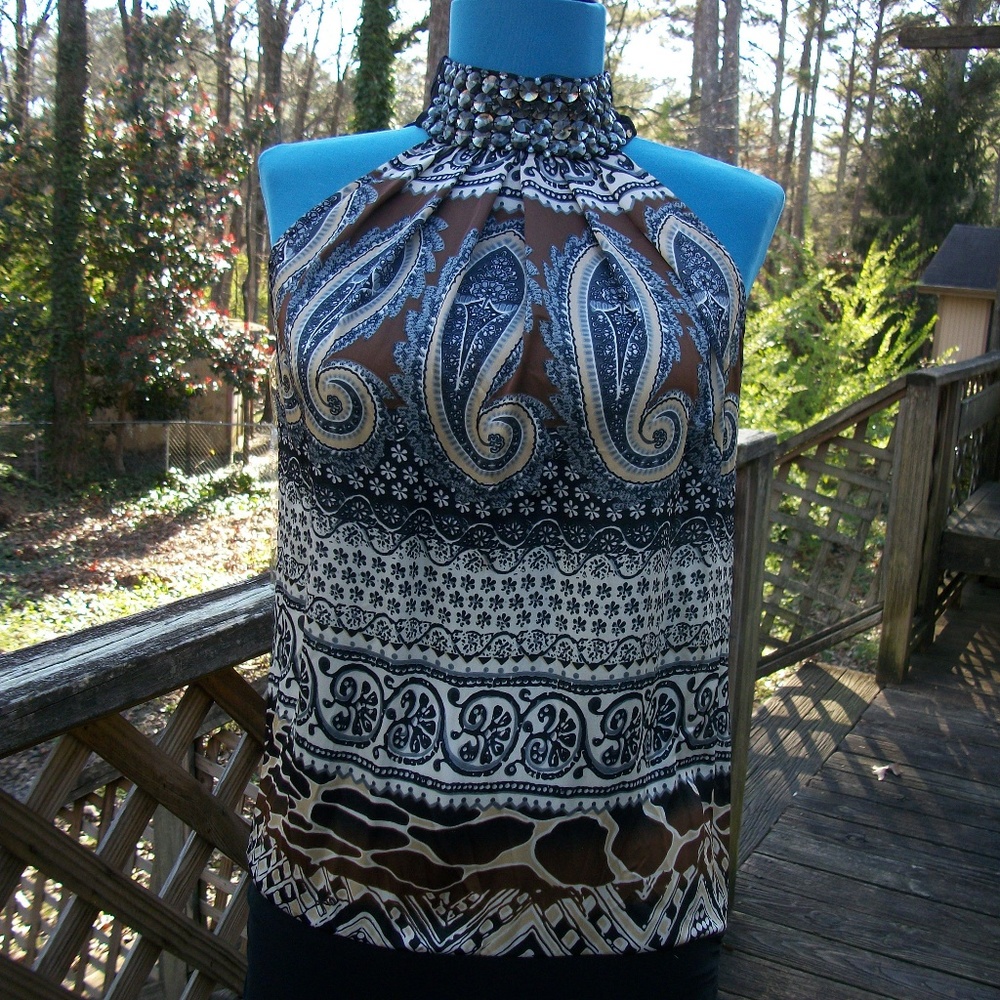 Umgee Sleeveless Brown Paisley Print Top - Size Misses Small